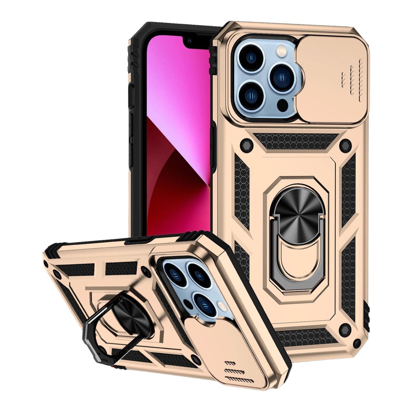 Case For iPhone 14pm 15pm Gold Armoured Ring Holder Stand Camera Shutter Case Cover FoneFunShop