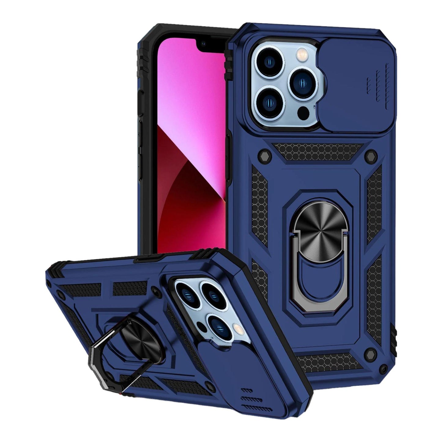 Case For iPhone 14 15 Blue Armoured With Ring Holder Stand Camera Shutter Case Cover FoneFunShop