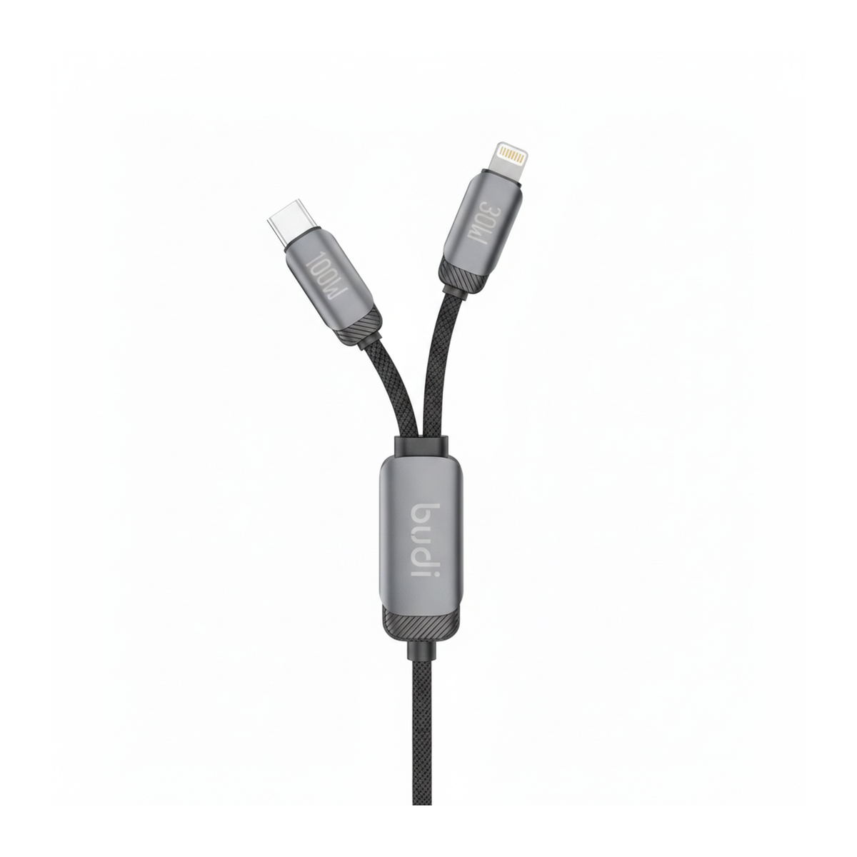 Budi 1.2M USB-C to USB-C and 8Pin Cable 2 in 1 100W PD Braided - close-up detail