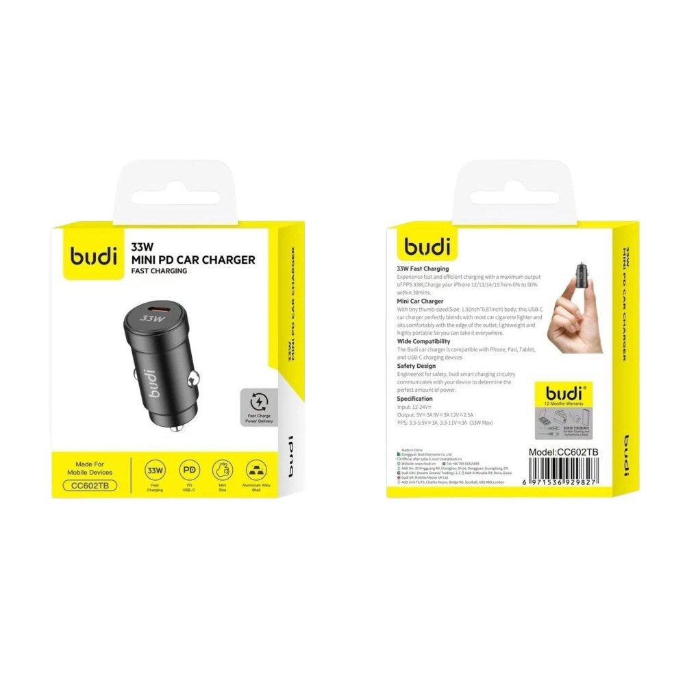 Budi Mini Car Charger PD 33W Fast Charger with USB-C Port Compact Design car FoneFunShop