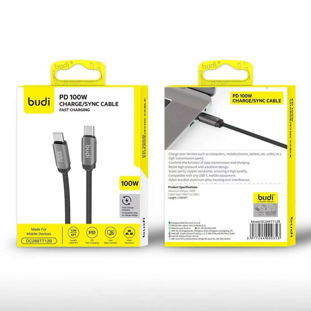 Budi 1.2M PD100W USB-C to USB-C Fast Charging Cable Cable FoneFunShop