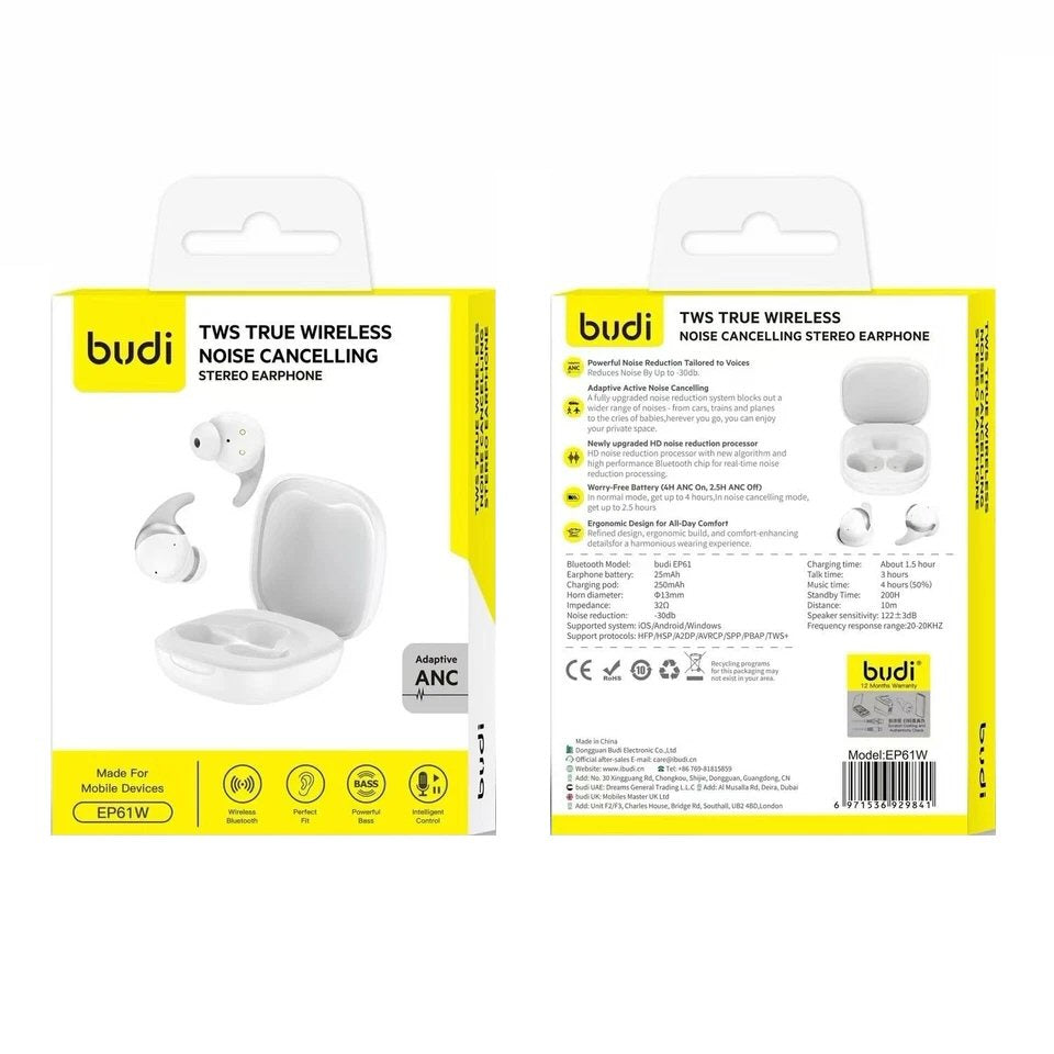 Budi Wireless Stereo Earphone With TWS Noise Cancelling in White Earphones FoneFunShop