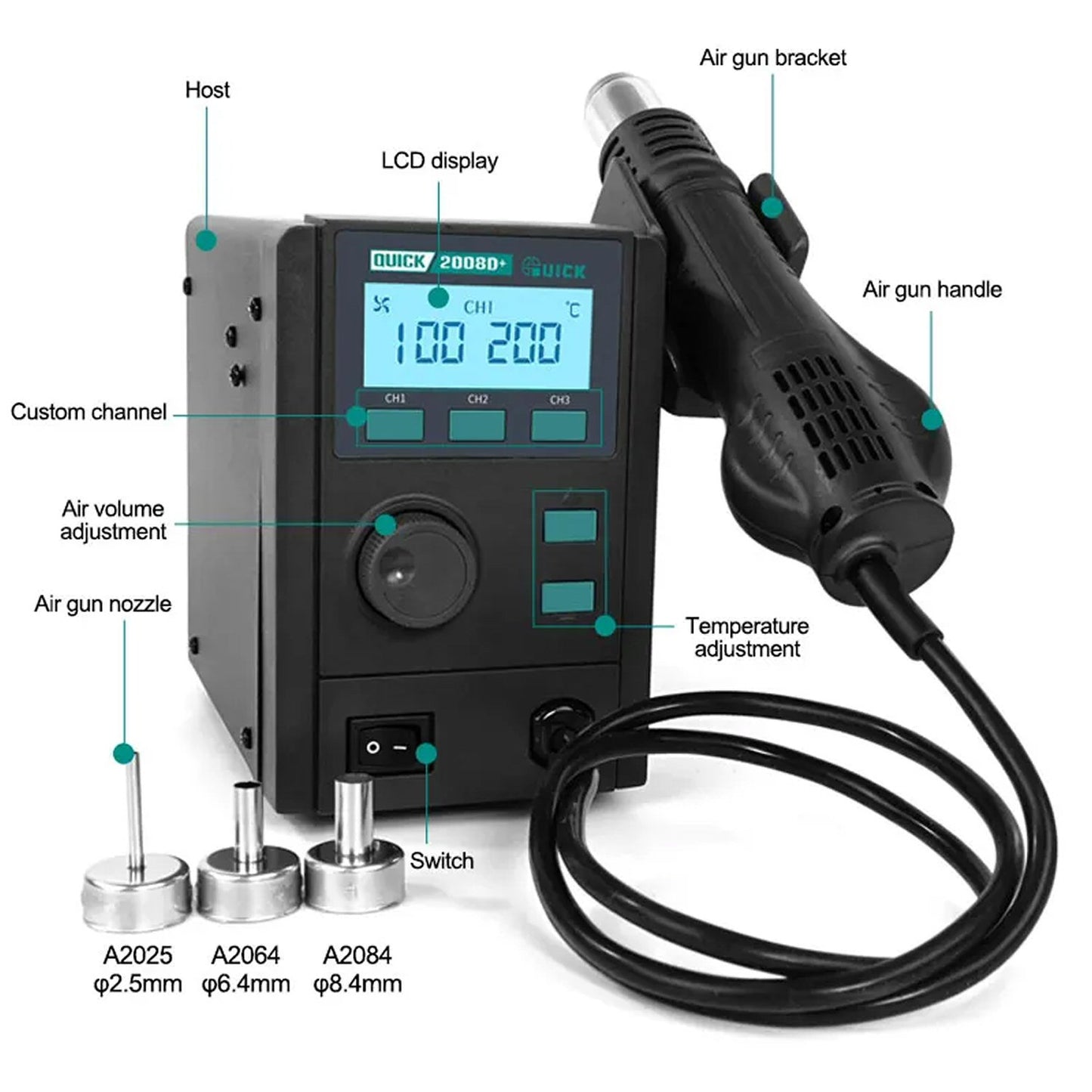 QUICK 2008D+ Desoldering Rework Station Hot Air Gun For Mobile Phone Repair 220V Solder FoneFunShop