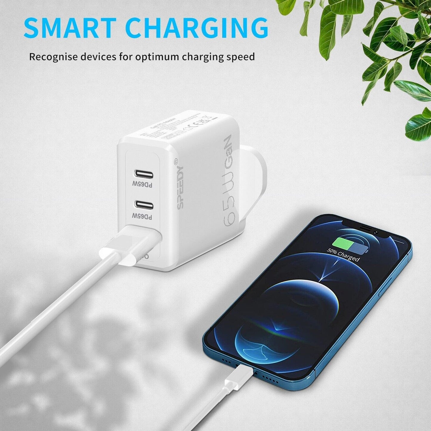 Dual USB-C PD USB-A QC3.0 65W Speedy Fast Charger Plug For iPad MacBook Tablet Charger FoneFunShop