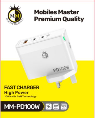 3 Port Plug Charger 100W PD MM with GaN Technology with 2 x Type C and Usb A Charger FoneFunShop