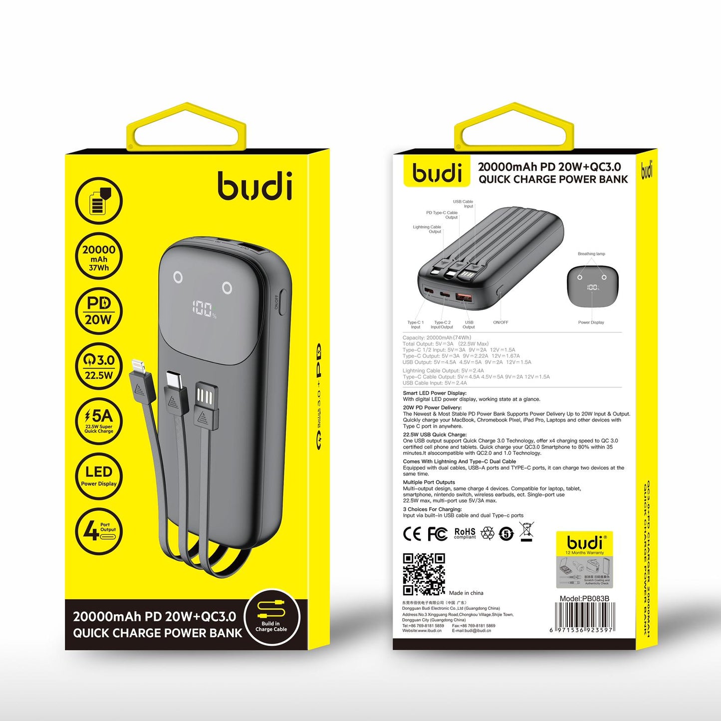 Budi 20000mAh PD 20W+QC3.0 Quick Charge Power Bank Power Bank FoneFunShop
