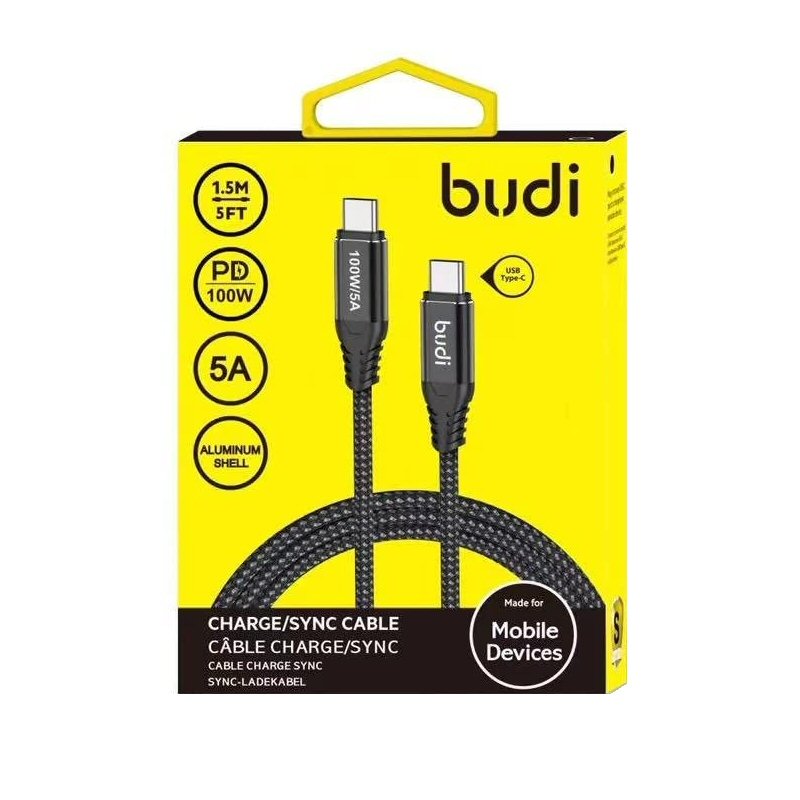Budi USB-C to USB-C Reversible Aluminium Shell Braided Cable PD 100W 3M Black Cable FoneFunShop