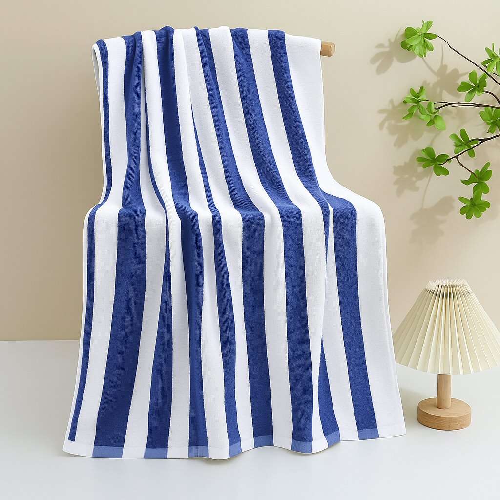 100% Cotton Beach Towel Blue and White Stripes Oversized Thick Bath Towel 76x180cm Towel FoneFunShop