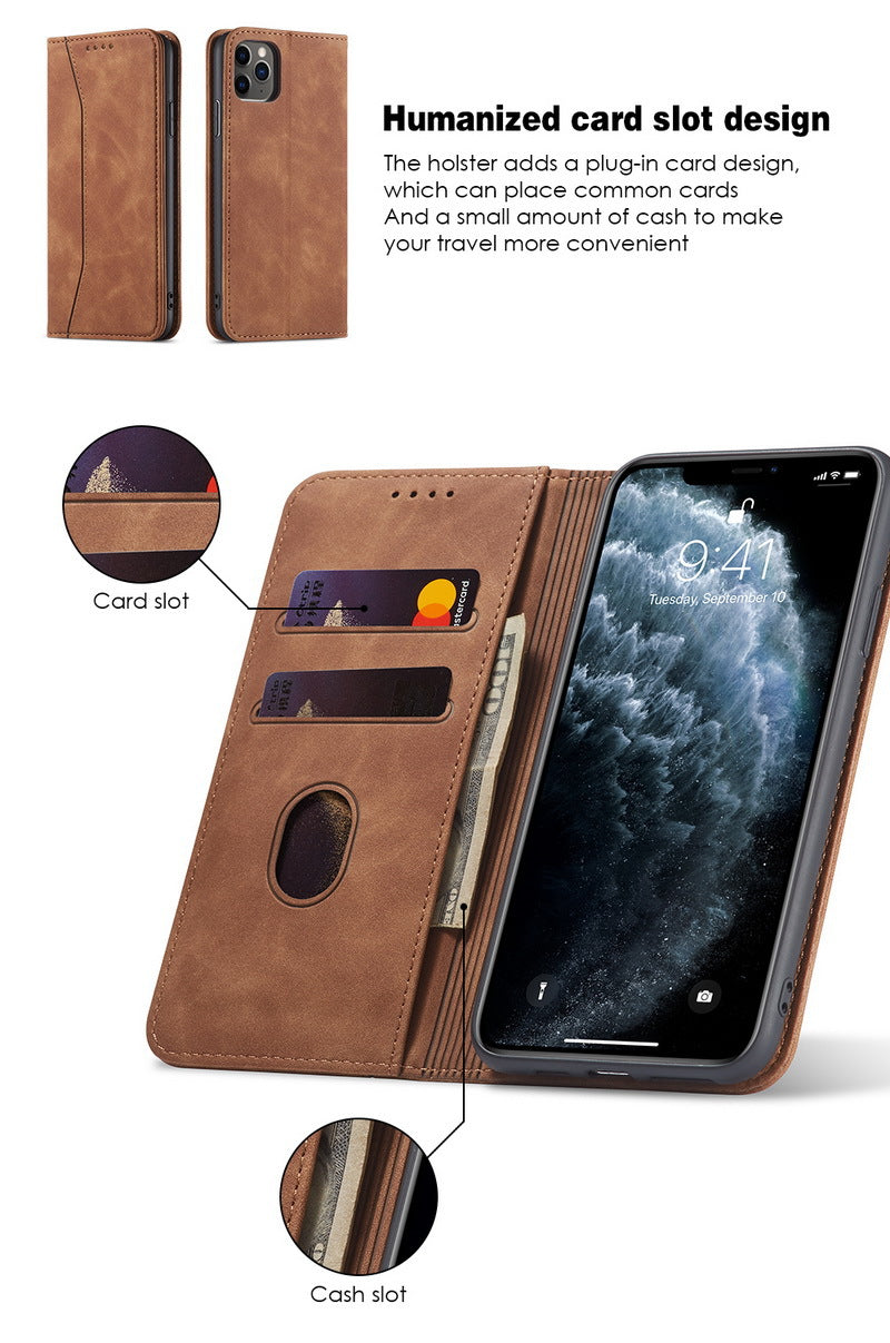 Flip Case For iPhone 15 Pro Leather Multi Card Holder Phone Case Stand in Tan Case Cover FoneFunShop