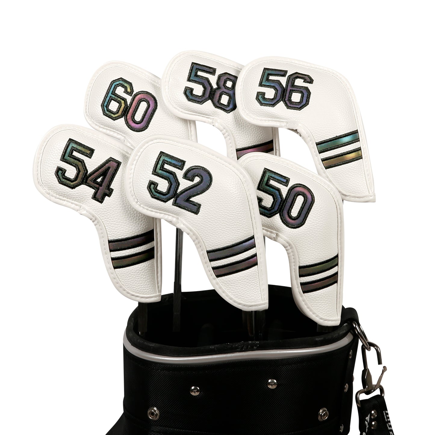 Golf Club Wedge Head Covers 6 Piece Set 50, 52, 54, 56, 58, 60 Degrees Headcover Protectors White with Rainbow Coloured Numbers Golf Accessorise FoneFunShop