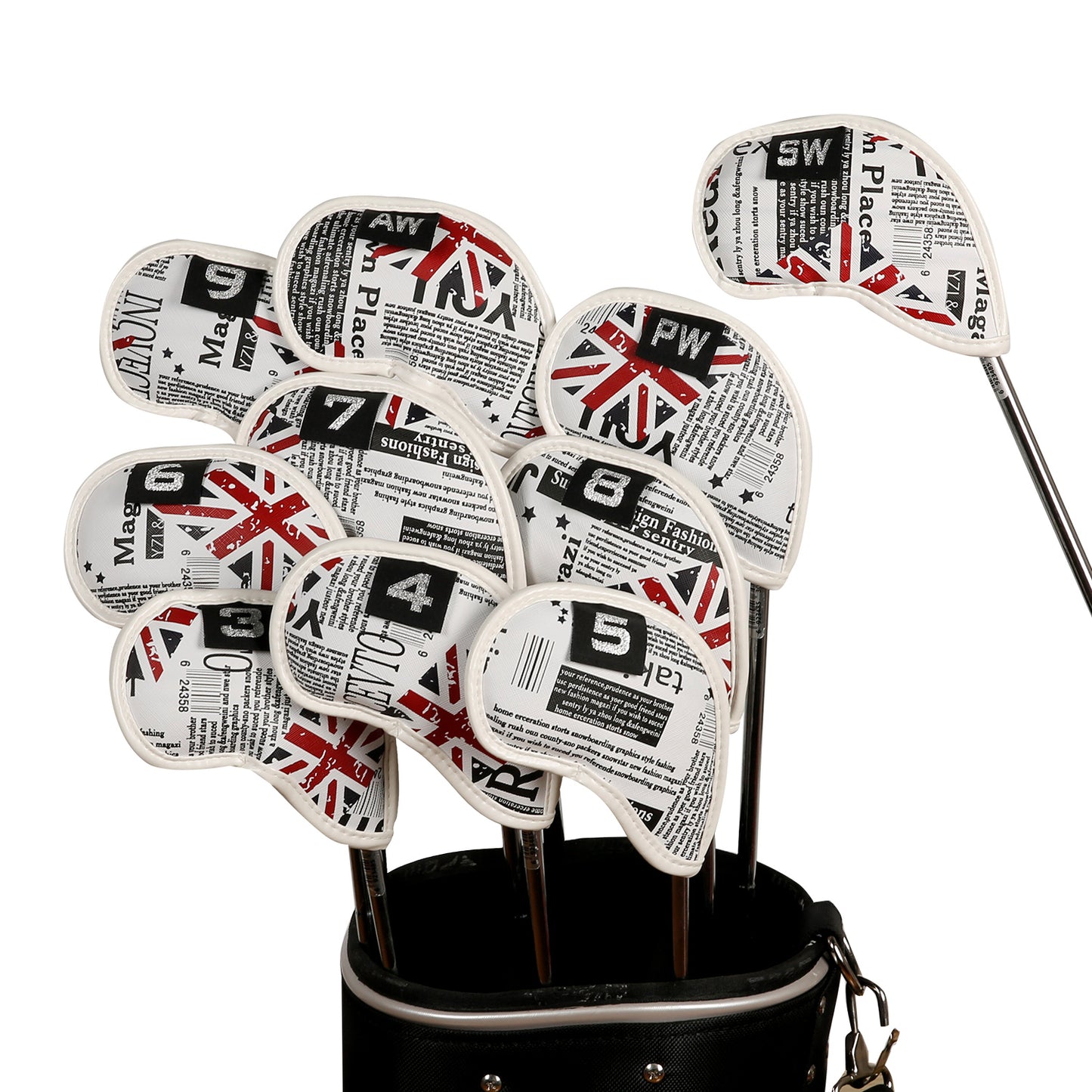Leather Golf Club Iron Head Covers 10 Piece Set Union Jack Skull Punk Headcover Protector Red with Blue Golf Accessorise FoneFunShop