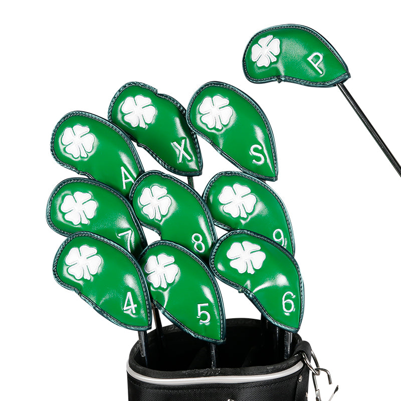 Leather Golf Club Iron Head Covers | 10 Piece Set | Green with White 4 Leaf Clover Shamrock Golf Accessorise FoneFunShop