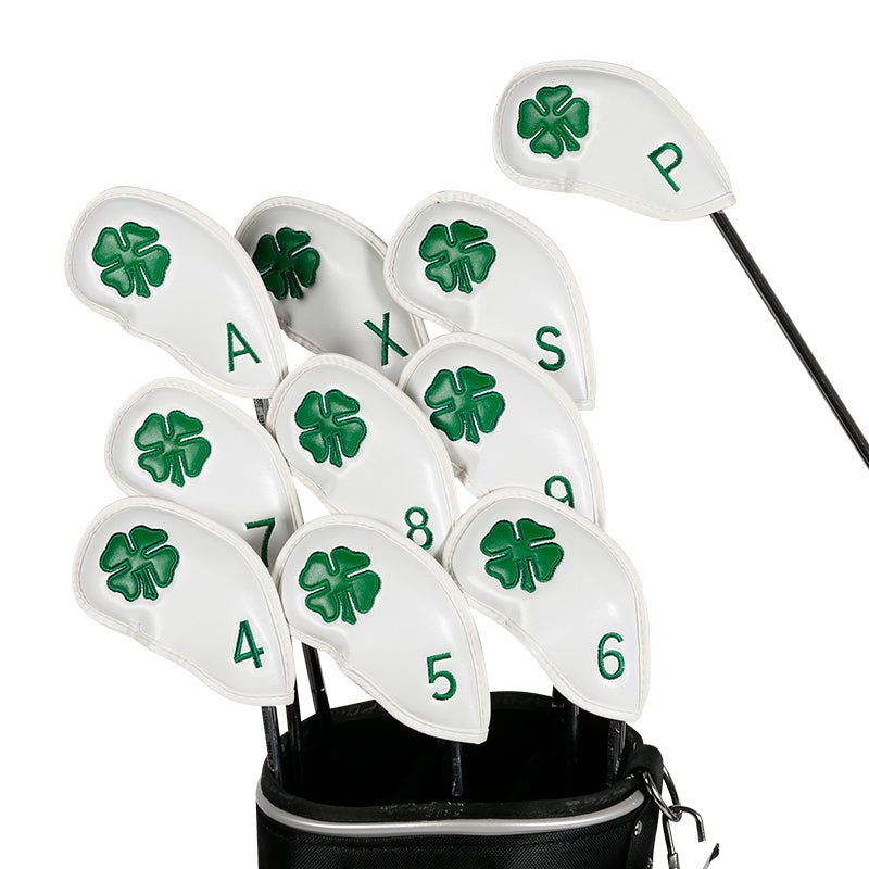 Leather Golf Club Iron Head Covers | 10 Piece Set | White with Green 4 Leaf Clover Shamrock Golf Accessorise FoneFunShop