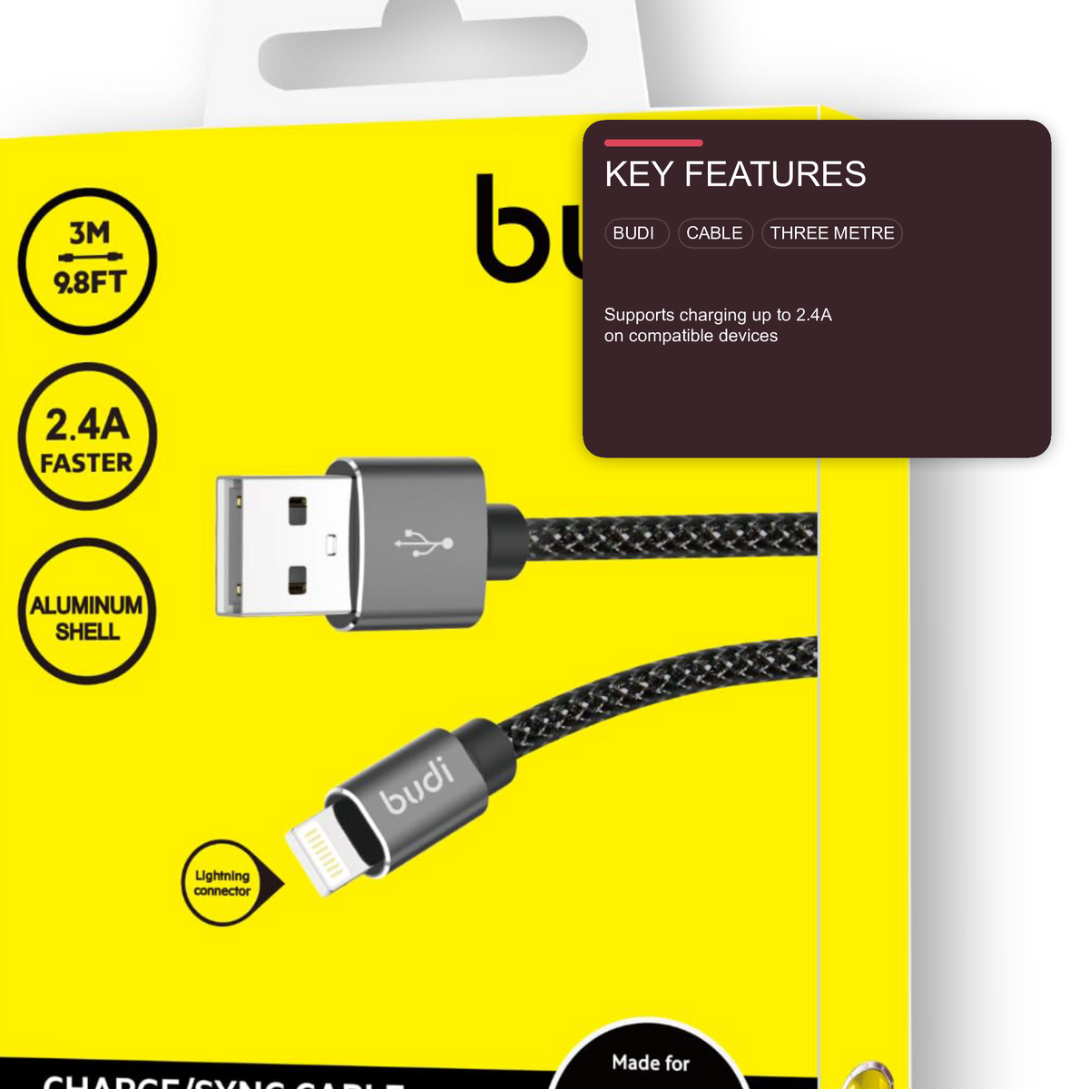 Budi USB-A To 8Pin Cable For iPhone 3M Black Cable Budi