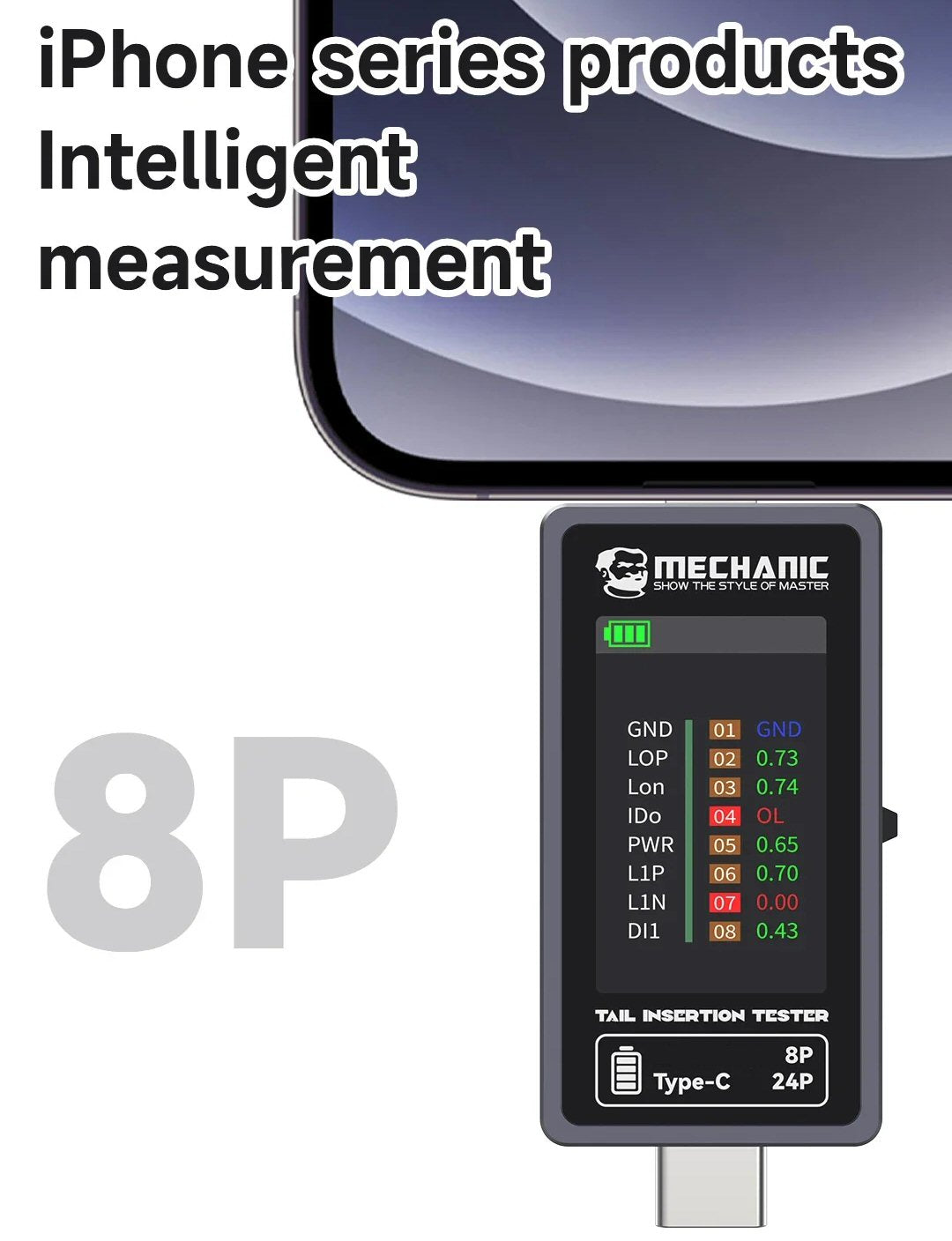 Mechanic T-824 Charging Port Pin Tester Current Power Check Type-C 8 Pin Phones Charging Port FoneFunShop