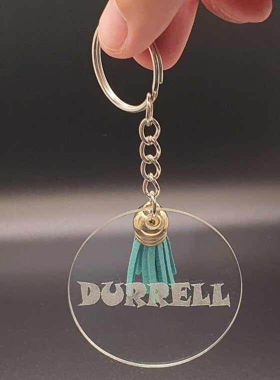 Personalised Keyring Clear Perspex with Key Chain and Coloured Leather Tassle FoneFunShop
