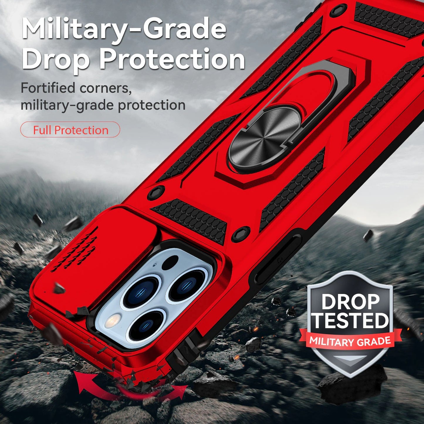 Case For iPhone 14 Pro / 15 Pro Red Armoured With Ring Holder Stand Camera Case Cover FoneFunShop