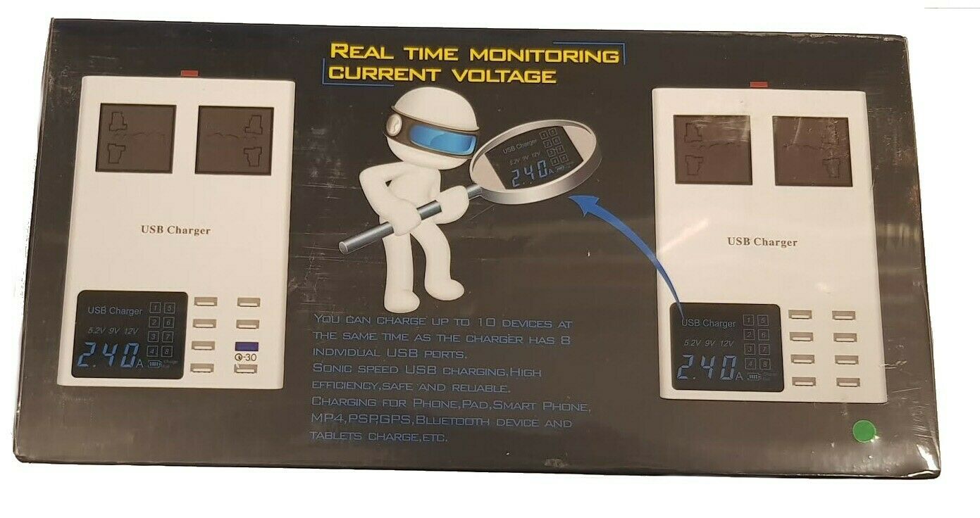 USB Desk Charger and Mains Extension With Lcd Display For Multiple Mobile 8 Port Charger FoneFunShop