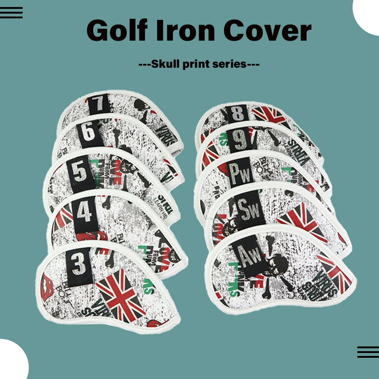 Golf Club Iron Head Covers 10 Piece Set UK Flag Skull Headcover Protector Golf Accessorise FoneFunShop