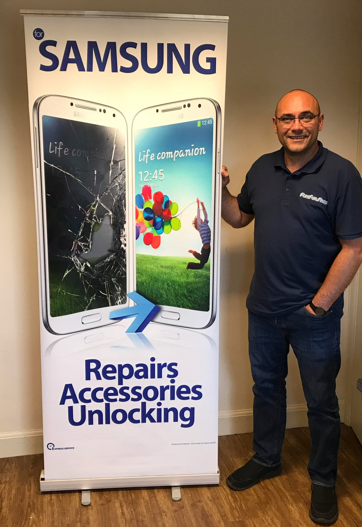 Phone Repair Pull Up Banner Stand Accessories Unlocking For Samsung Repairs Unlock FoneFunShop