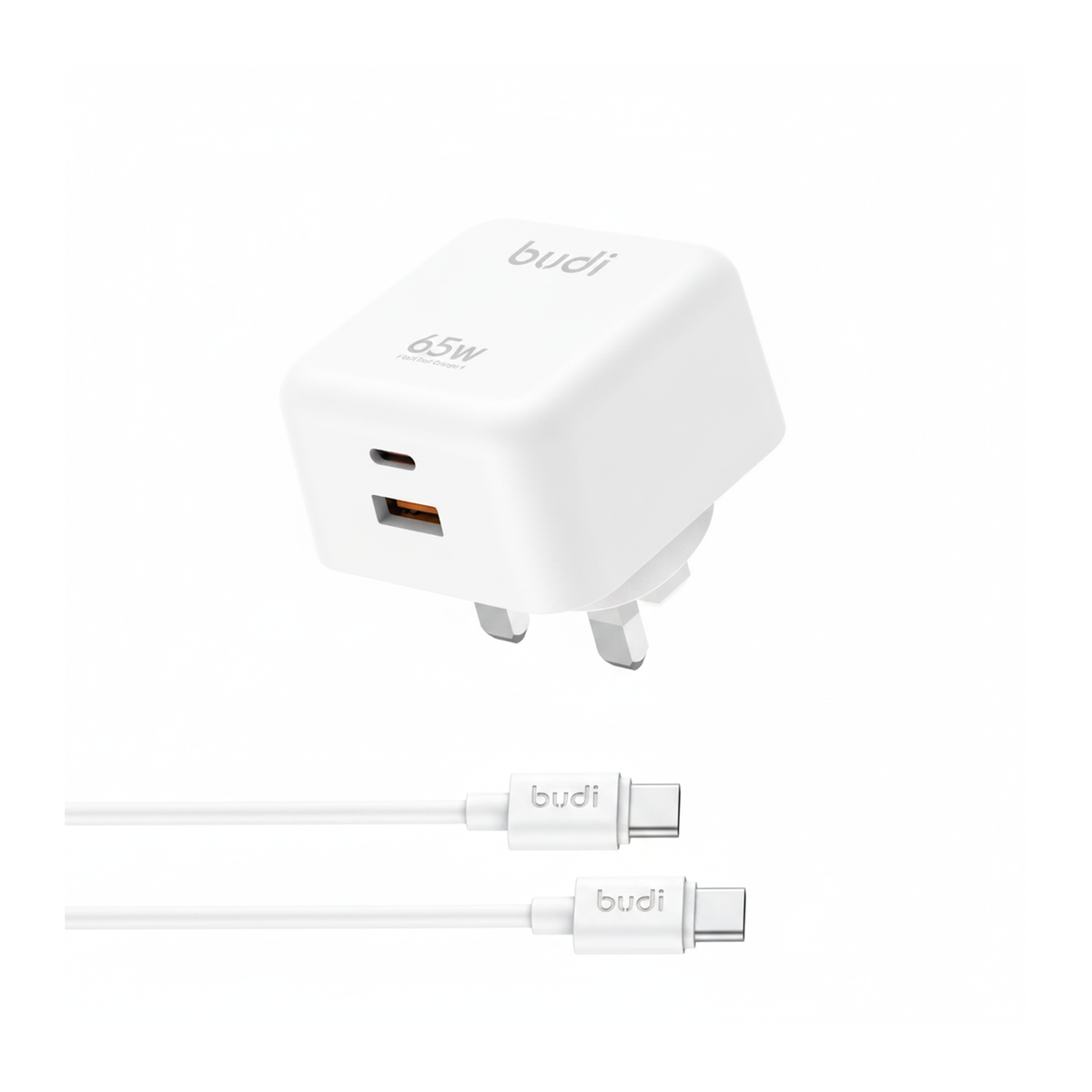 Budi 65W GaN Wall Charger USB-C PD and USB-A QC Dual Port UK Plug - angled right view