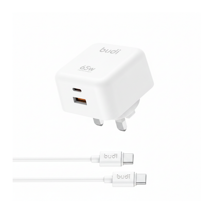 Budi 65W GaN Wall Charger USB-C PD and USB-A QC Dual Port UK Plug - angled right view