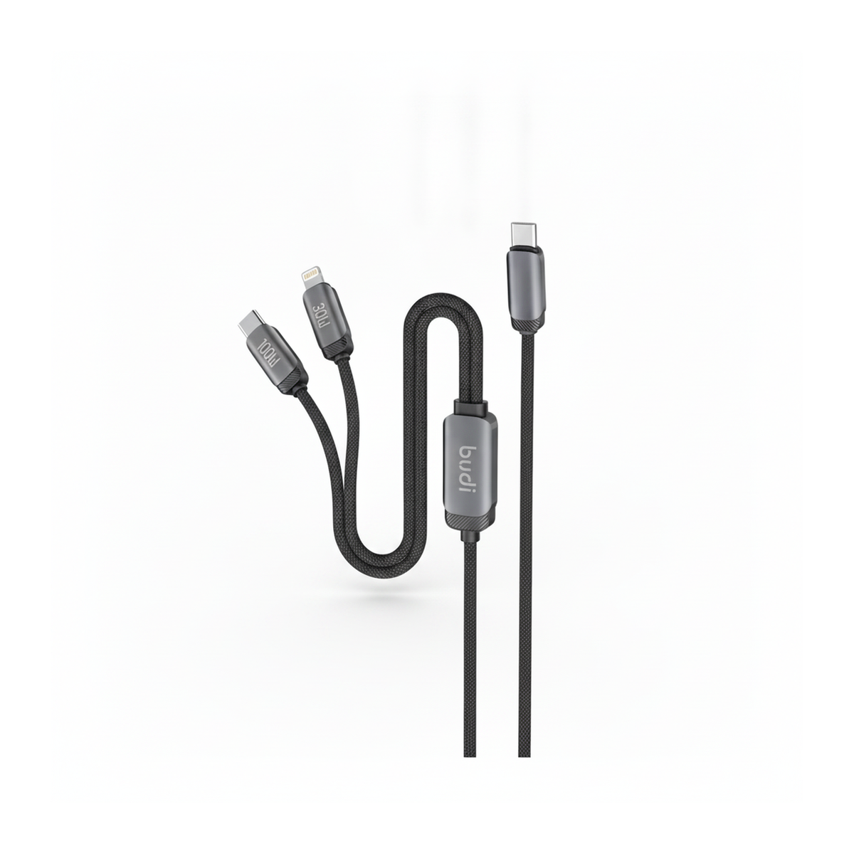 Budi 1.2M USB-C to USB-C and 8Pin Cable 2 in 1 100W PD Braided - angled left view