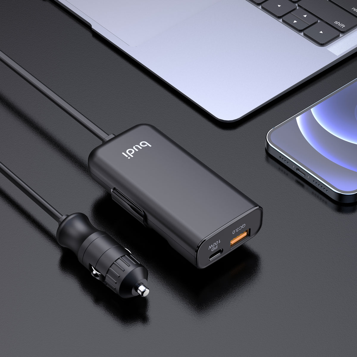 Budi 118W Car Charger PD 100W USB-C and QC 18W USB-A 1.5M Cable Car Charger FoneFunShop