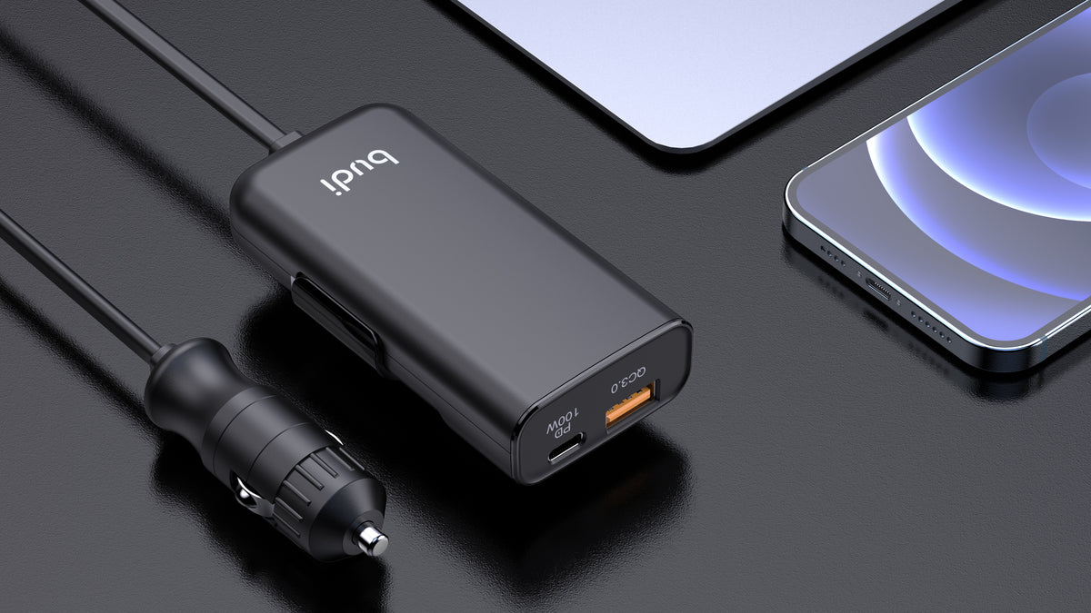 Budi 118W Car Charger PD 100W USB-C and QC 18W USB-A 1.5M Cable Car Charger FoneFunShop