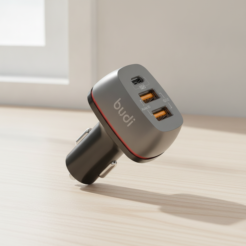 Budi Car Charger 3 Port 2 USB-A QC3.0 and USB-C PD 20W Zinc Alloy - lifestyle