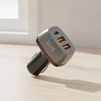 Budi Car Charger 3 Port 2 USB-A QC3.0 and USB-C PD 20W Zinc Alloy - lifestyle