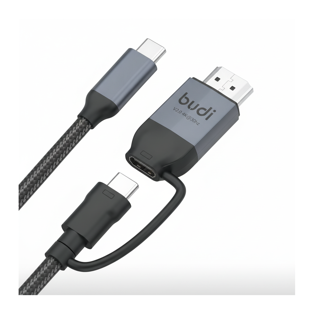 Budi USB-C to USB-C and 4K HDMI Cable 2M Braided 10Gbps 65W Charging - close-up detail