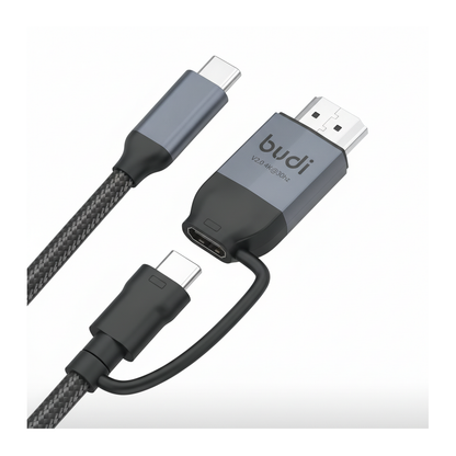 Budi USB-C to USB-C and 4K HDMI Cable 2M Braided 10Gbps 65W Charging - close-up detail