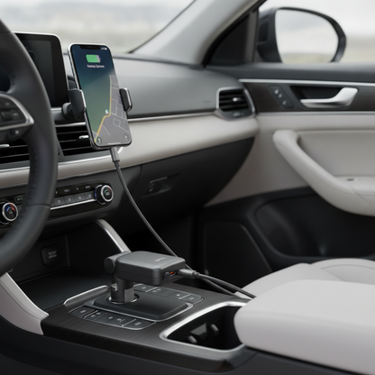 Budi 50W 3-Port Car Charger with 72cm Retractable USB-C Cable - in use