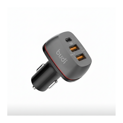 Budi Car Charger 3 Port 2 USB-A QC3.0 and USB-C PD 20W Zinc Alloy - angled left view
