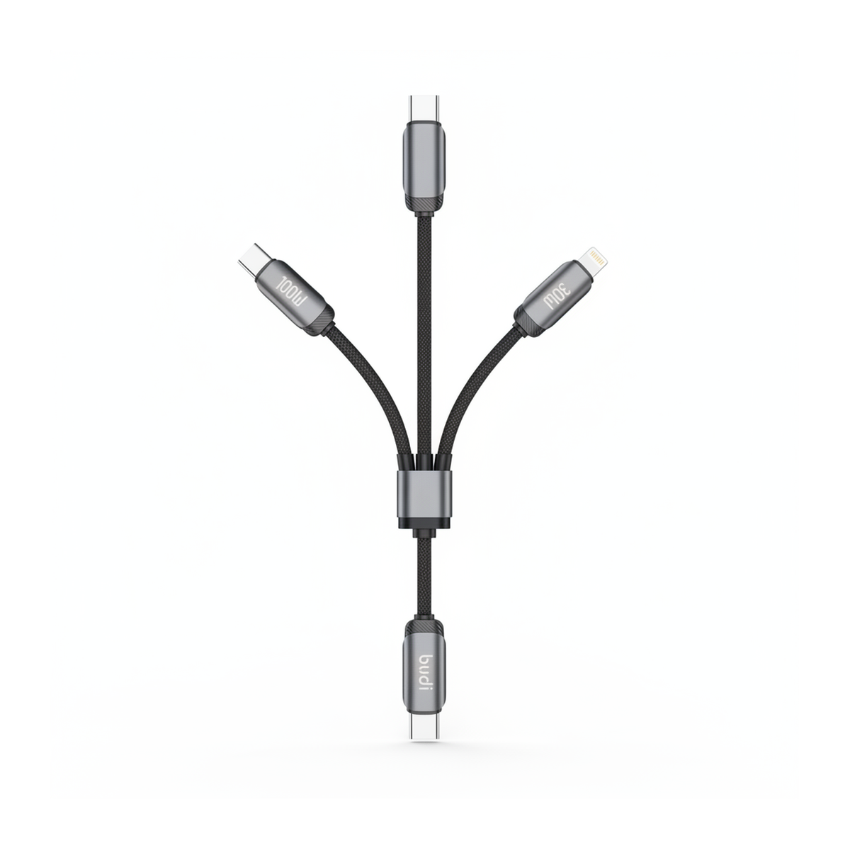 Budi 1.2M USB-C to USB-C and 8Pin Cable 2 in 1 100W PD Braided - front view