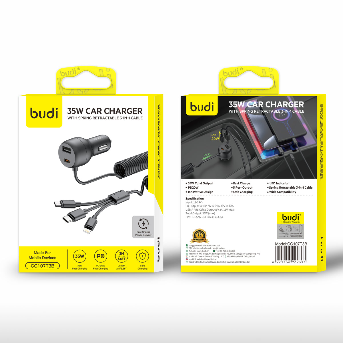 Budi 35W Car Charger with Spring Retractable 3 in 1 Cable PD 20W Car Charger FoneFunShop