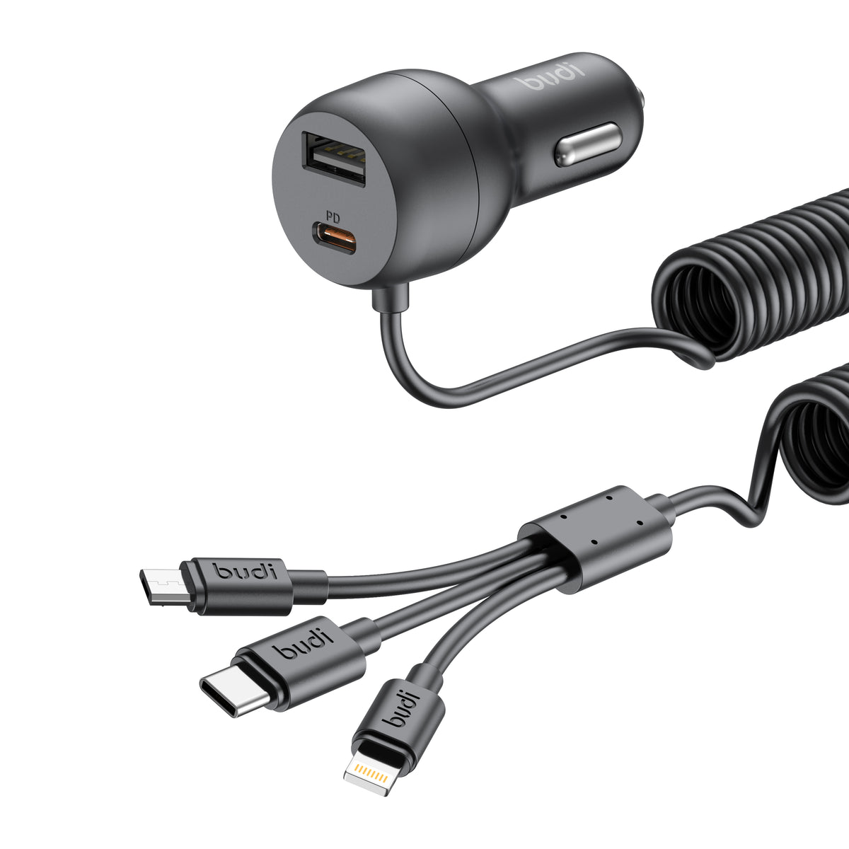 Budi 35W Car Charger with Spring Retractable 3 in 1 Cable PD 20W Car Charger FoneFunShop
