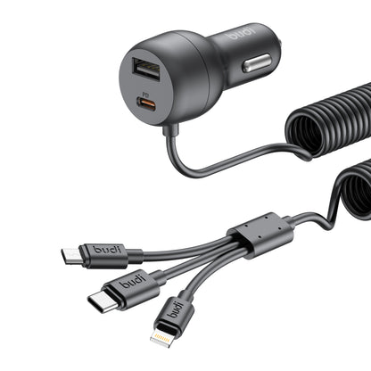 Budi 35W Car Charger with Spring Retractable 3 in 1 Cable PD 20W Car Charger FoneFunShop