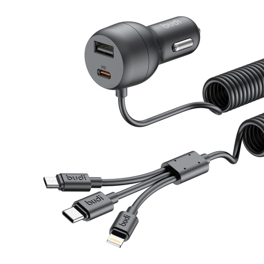 Budi 35W Car Charger with Spring Retractable 3 in 1 Cable PD 20W Car Charger FoneFunShop