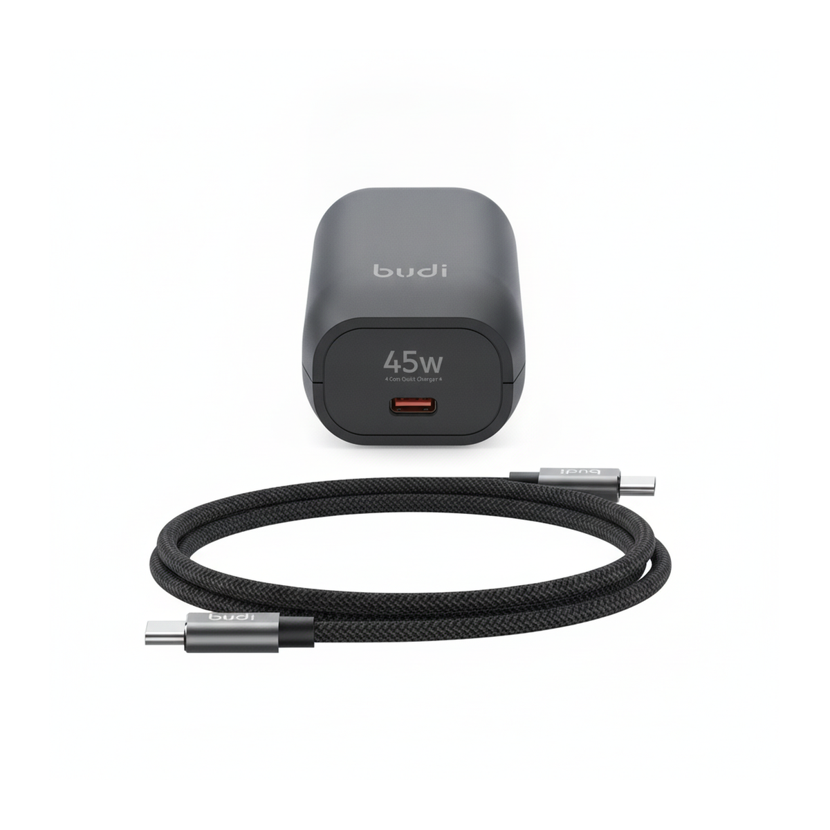 Budi 45W GaN USB-C Wall Charger UK Plug with 1M USB-C Cable - front view