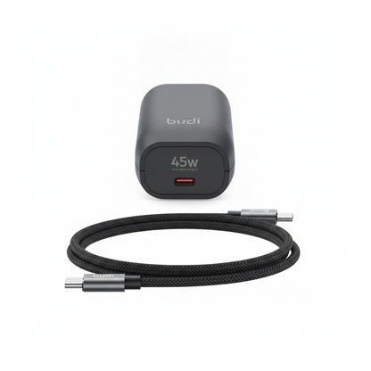 Budi 45W GaN USB-C Wall Charger UK Plug with 1M USB-C Cable - front view