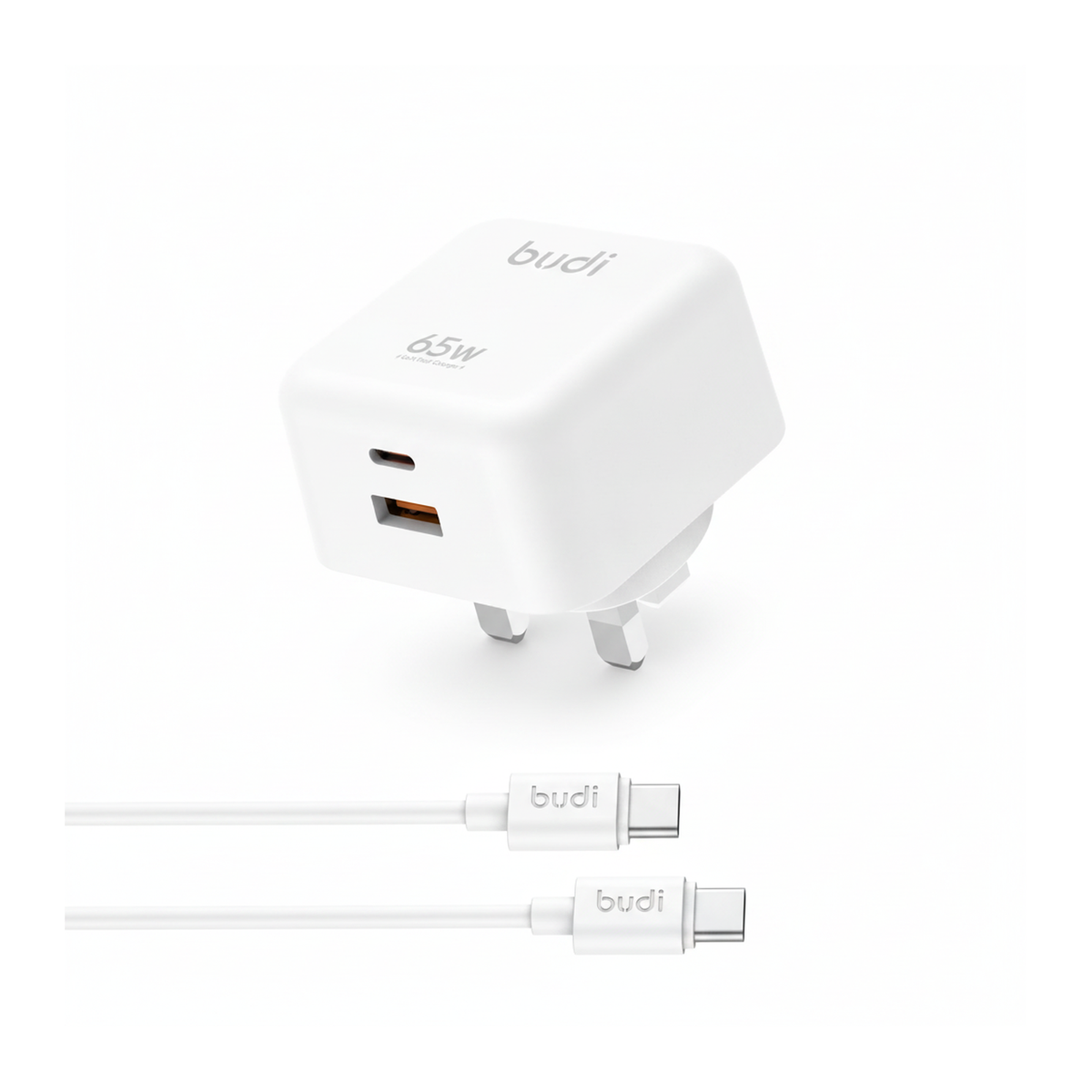 Budi 65W GaN Wall Charger USB-C PD and USB-A QC Dual Port UK Plug - angled right view