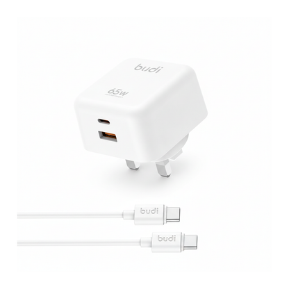 Budi 65W GaN Wall Charger USB-C PD and USB-A QC Dual Port UK Plug - angled right view