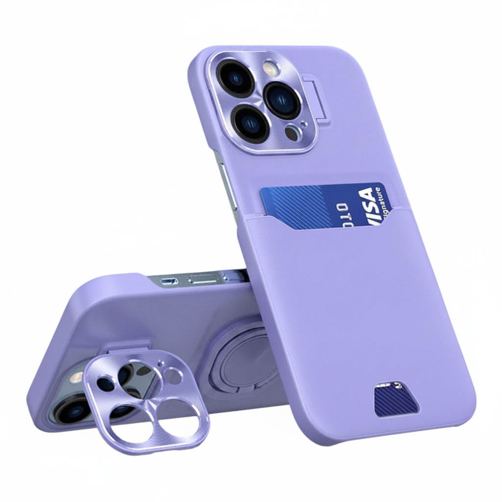 Case For iPhone 14 Pro Max in Purple Card Holder Lens Protector Stand Case Cover FoneFunShop