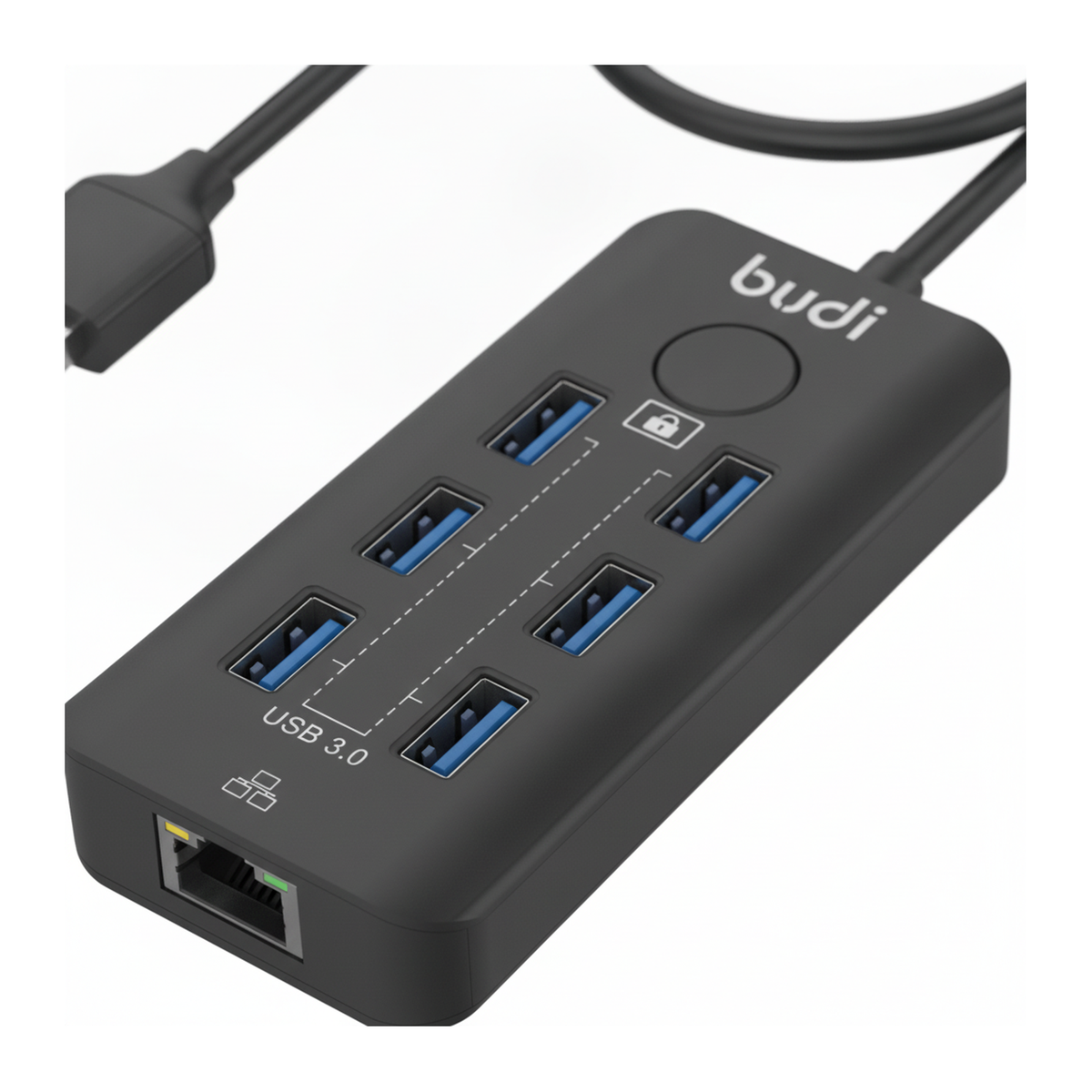 Budi 6-Port USB 3 Hub with Ethernet and Lock Button USB-C and USB-A - close-up detail