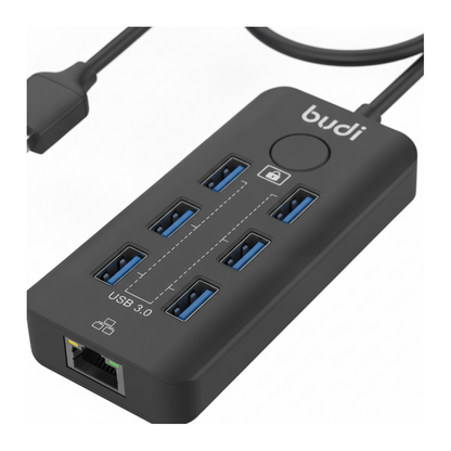 Budi 6-Port USB 3 Hub with Ethernet and Lock Button USB-C and USB-A - close-up detail
