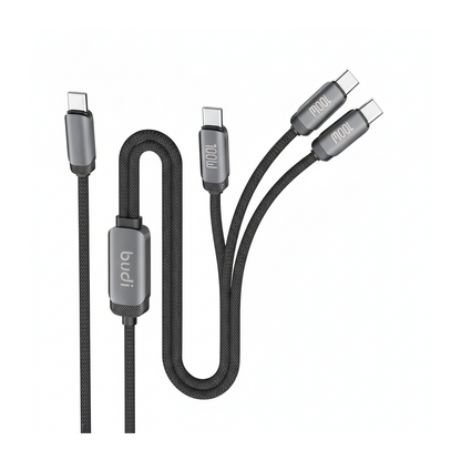 Budi 1.2M USB-C to Dual USB-C Cable 100W PD 2 in 1 Braided - top view