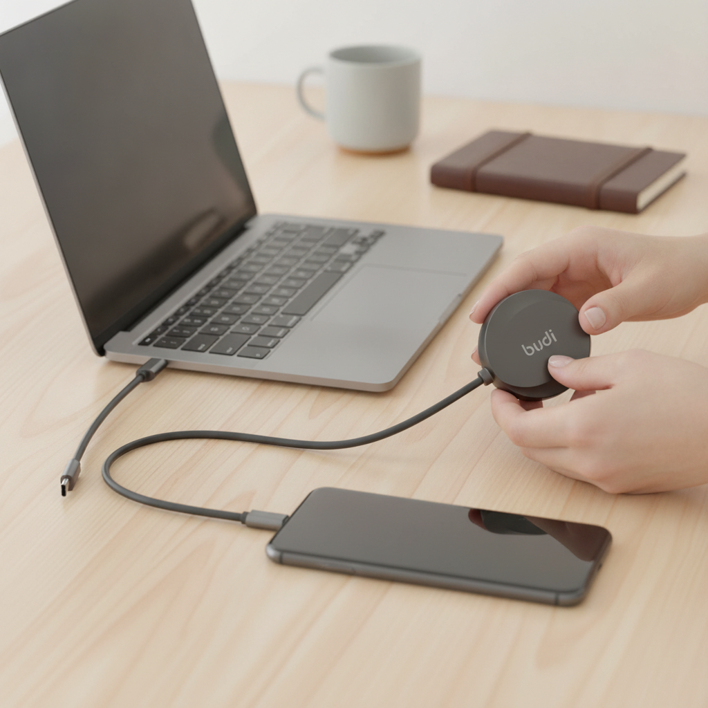 Budi 1M Retractable USB-C to USB-C Cable 65W PD Charge and Sync - in use 2
