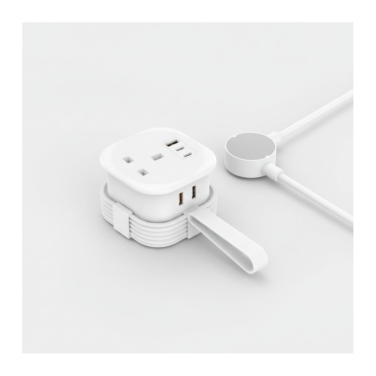 Budi 33W Charging Station 2 x USB-C PPS and USB-A with UK Plug Sockets - studio shot